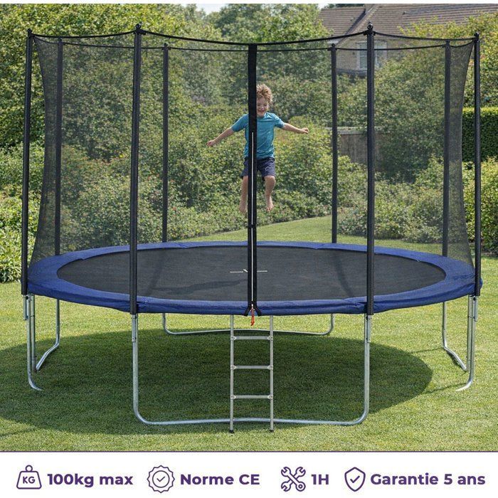 Trampoline KANGUI - BLEU Ø 426‑430 cm – XXL – Enfant – Filet de sécurité et Échelle – Certification CE & NF EN 71–14