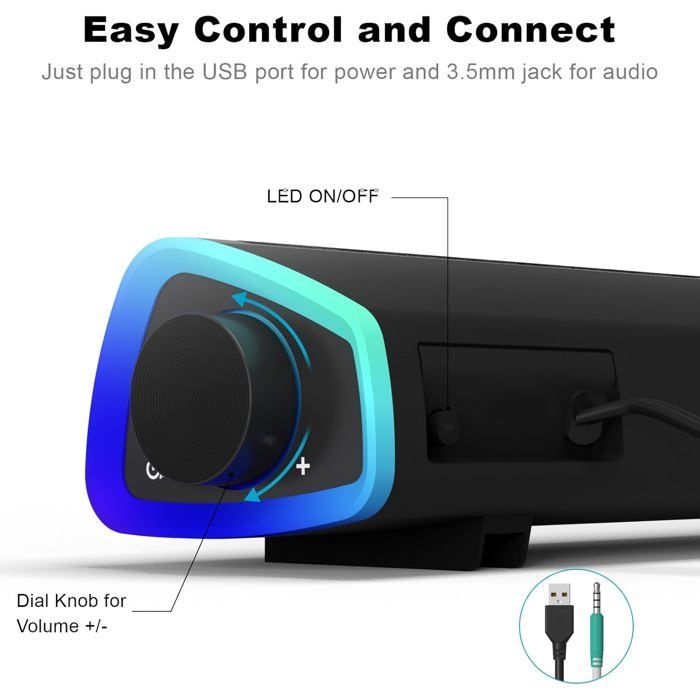 Altavoz para PC, altavoz autoamplificado para ordenador, entrada AUX de 3,5 mm, Bluetooth 5.0, luces LED, barra de sonido para PC, portátil y smartphone.