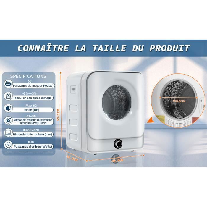 Sèche-linge à évacuation - JAERLIUB - Portable - capacité de 3 kg (jusqu’à 4,5 kg en réalité) - Multi Filtration