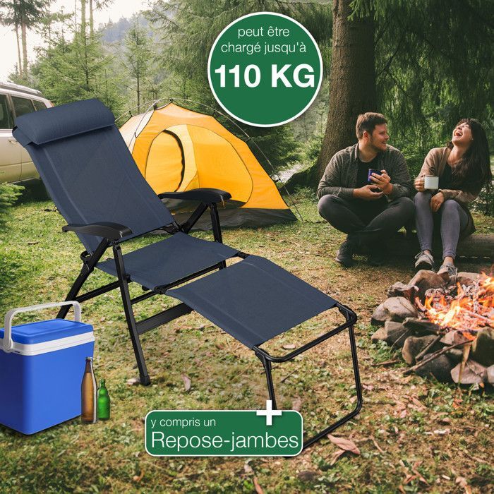 ELONEO Chaise de Camping Pliante avec Repose-Pieds Amovible, Dossier Réglable, Aluminium - Confort Jardin & Balcon, bleu