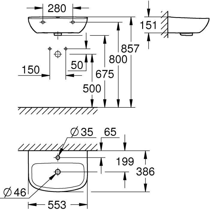 Lavabo suspendido GROHE Bau Ceramic de 55 cm - 1 orificio para grifo - Porcelana vitrificada - Blanco alpino