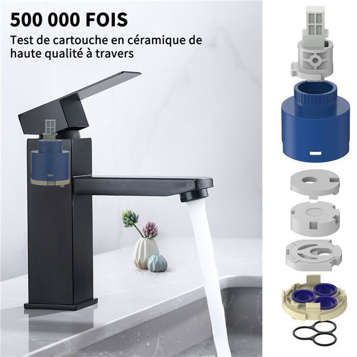 Robinet Salle de Bain Mitigeur de Lavabo avec Poignée Carrée Robinetterie pour Salle de Bain Mousseur Démontable Noir