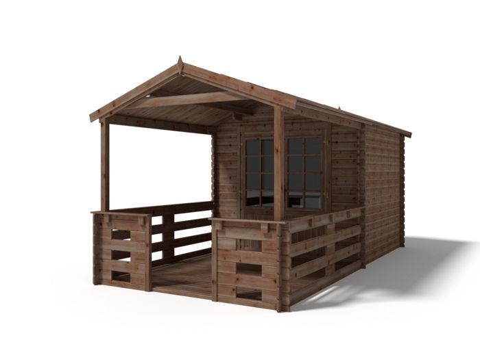 Caseta de jardín de madera - 3x3 m + terraza con balaustrada y voladizo de madera - 18 m2 - Tratada - DOM427+DOM539+DOM540+POD05