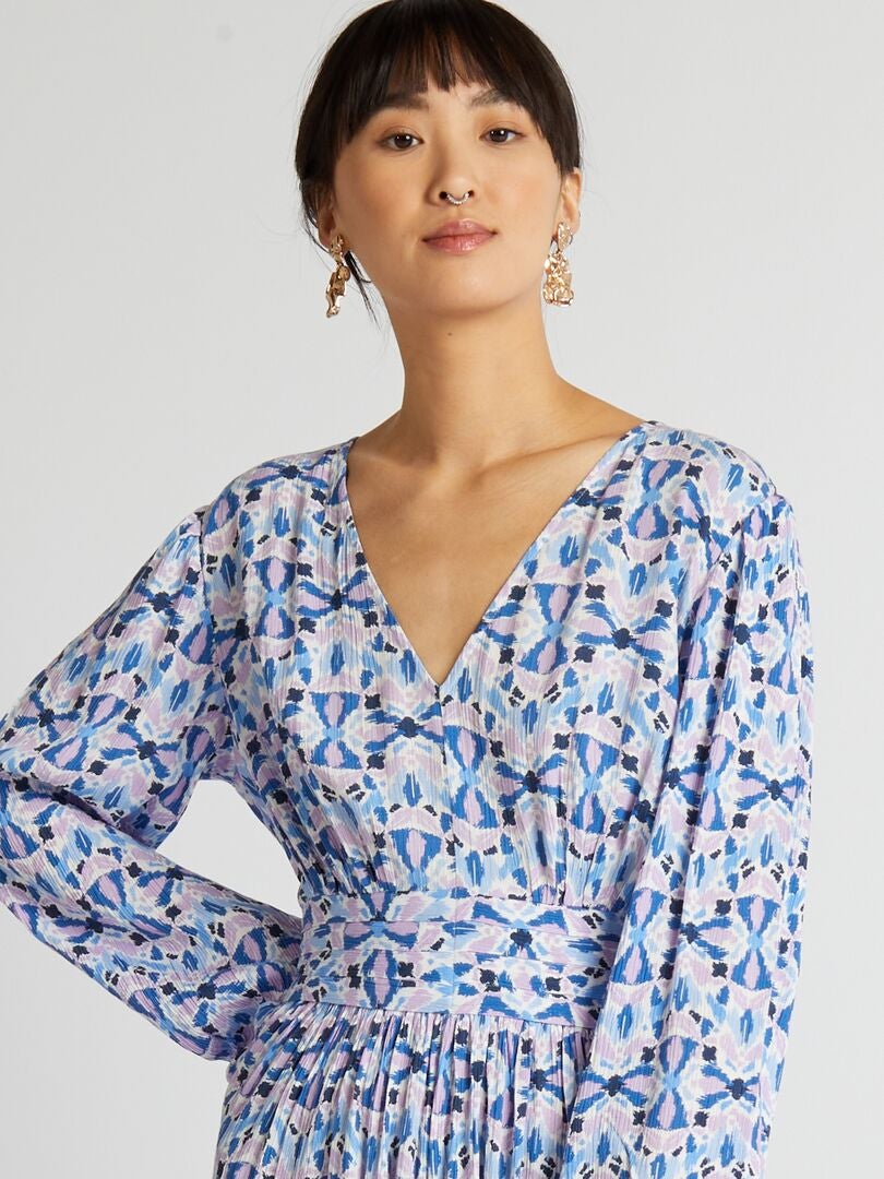 Lange gebreide jurk met crêpe-effect - BLAUW