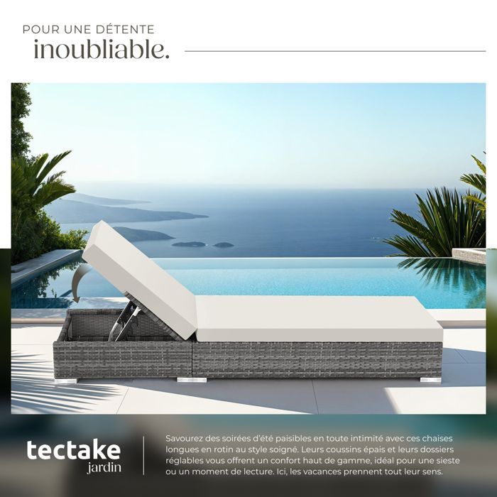 Tumbona - TECTAKE - Juego de 2 tumbonas RIVAGE con mesa, estilo contemporáneo, en aluminio y ratán 184 x 60 x 21 cm - Gris