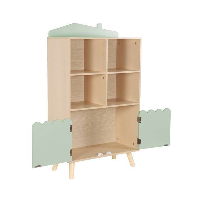Librería infantil verde con 2 puertas y 4 estantes.