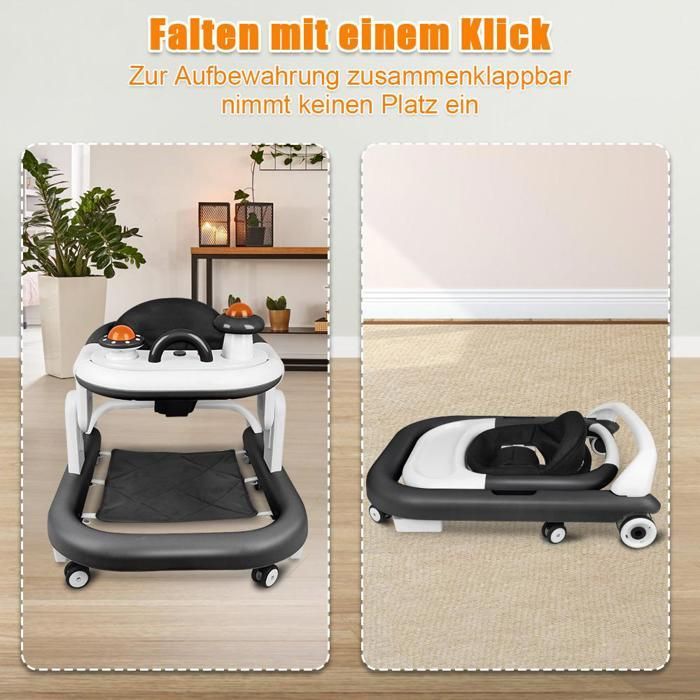 Trotteur Bébé 5 en 1 -MIPAN- Trotteur Pliable pour bébé - Centre d'activités Enfants avec Roues muettes Anti-Renversement-Noir