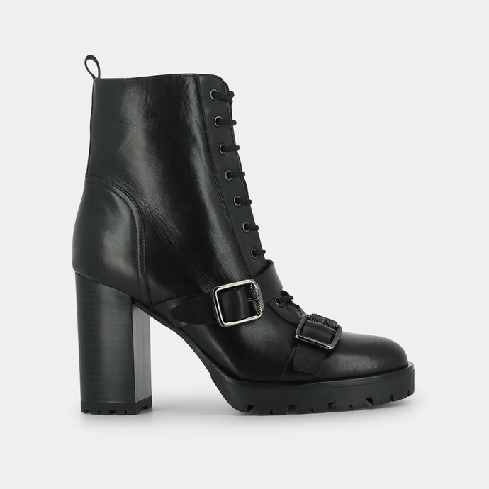 Boots à talons et à boucles  en cuir noir