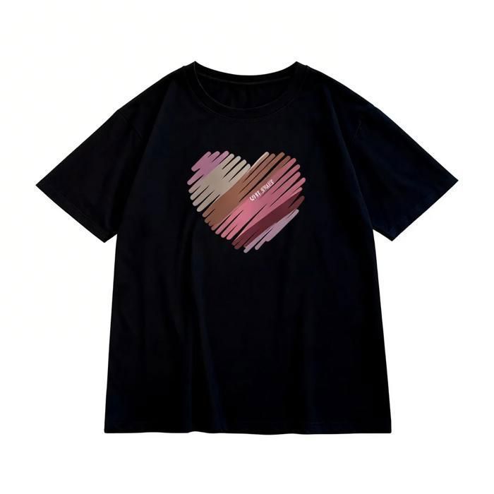 Camiseta de mujer, elegante camiseta de verano de manga corta con cuello redondo y estampado de corazón, cómoda - Roja