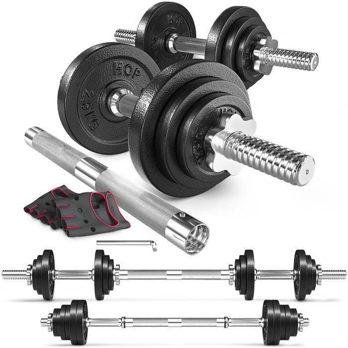 Hop-Sport 2-in-1 Modular Cast Iron Dumbbell Set, 2 Short Dumbbells, 1 Long Barbell, Adjustable 30mm Steel Bar, 2 x 10kg