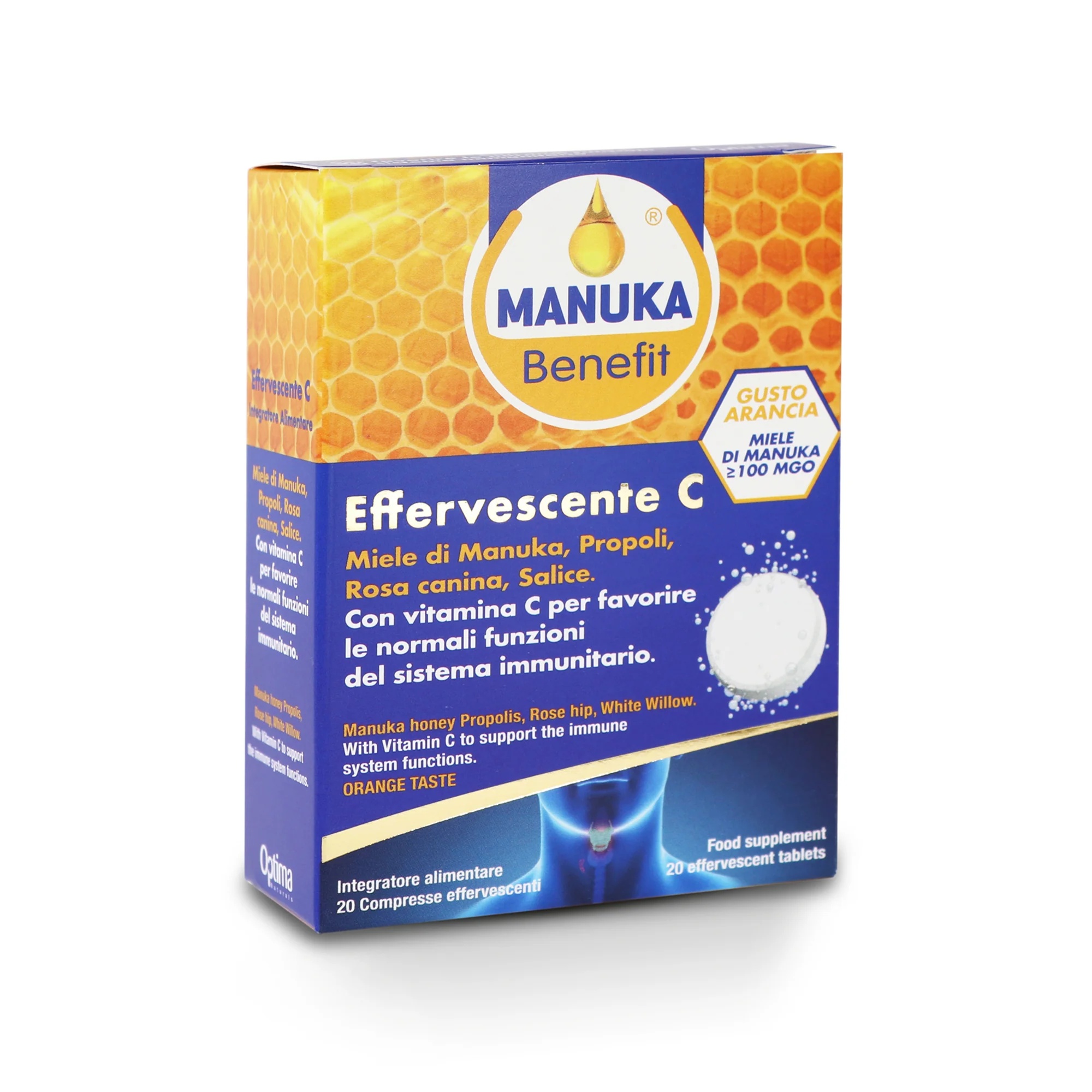 OPTIMA Optima Manuka Benefit comprimidos efervescentes C 20, suplemento alimentar para reforçar a imunidade.