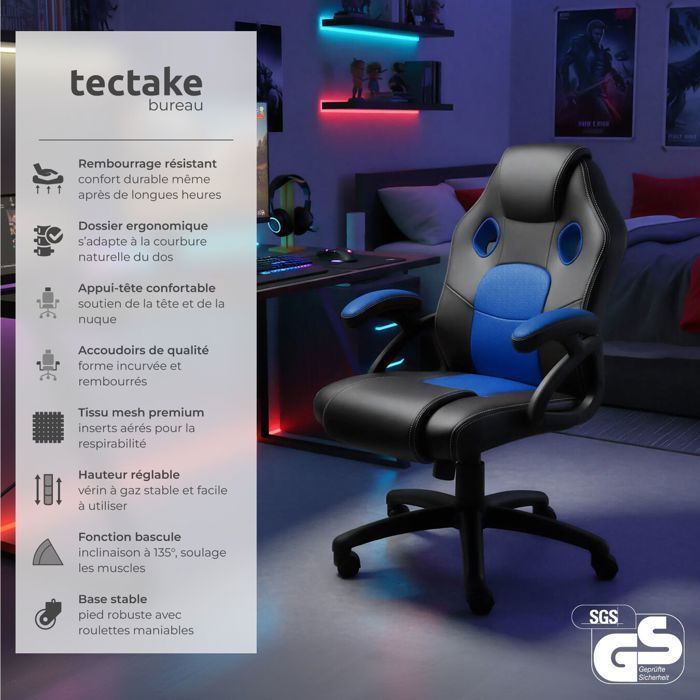 Office chair - TECTAKE - MIKE gaming executive chair with thick padding and synthetic leather upholstery - Black/Blue
