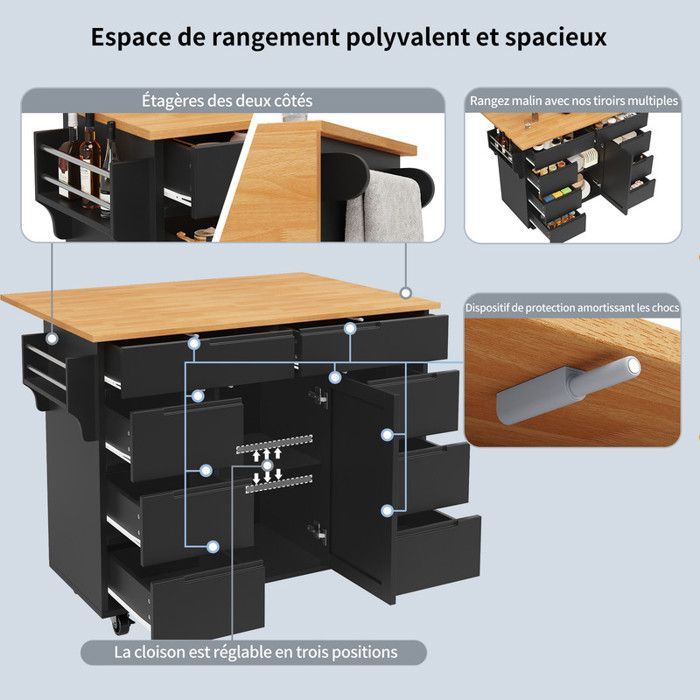 Îlot de cuisine moderne avec espace de rangement, buffet mobile, porte simple avec huit tiroirs, plan de travail rabattable, noir