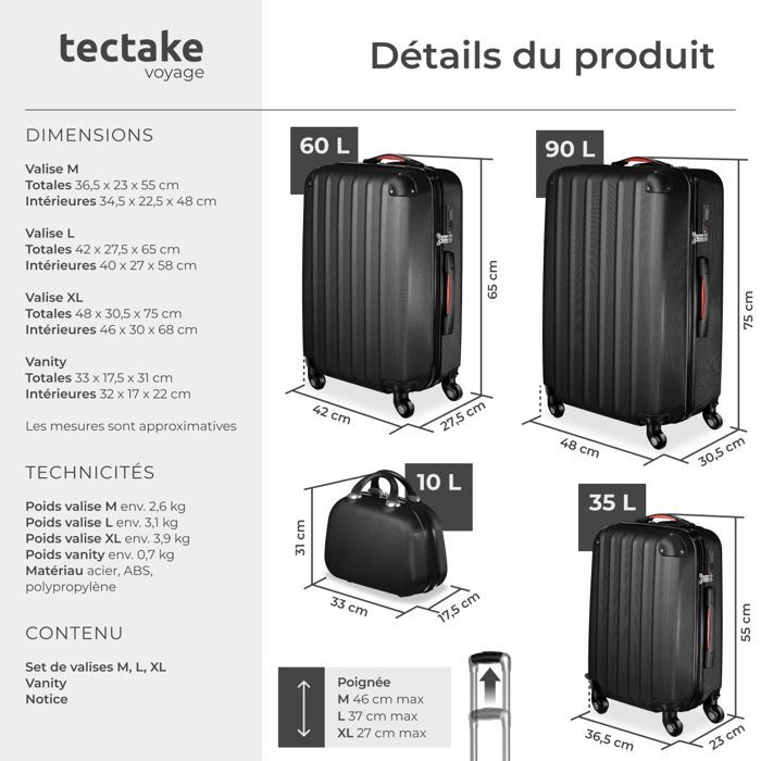 Maletas - TECTAKE - PUCCI Juego de 4 maletas, 3 maletas apilables, ruedas giratorias de 360°, asas telescópicas - Negro