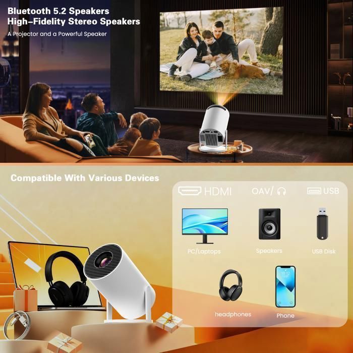 [App intégrée] Vidéoprojecteur 4K 1080P, Mini Projecteur Portable Full HD 1080P 5G WiFi 6 BT 5.4 - Blanc