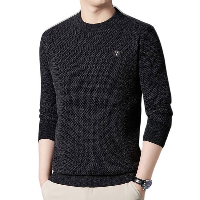 Suéter para hombre, suéter de punto cálido de manga larga para hombre con forro polar, suéter básico casual de cuello redondo ajustado - Negro
