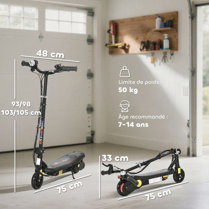Electric scooter - HOMCOM - 120W foldable for children aged 7-14, 12 km/h, 10 km range - steel - black