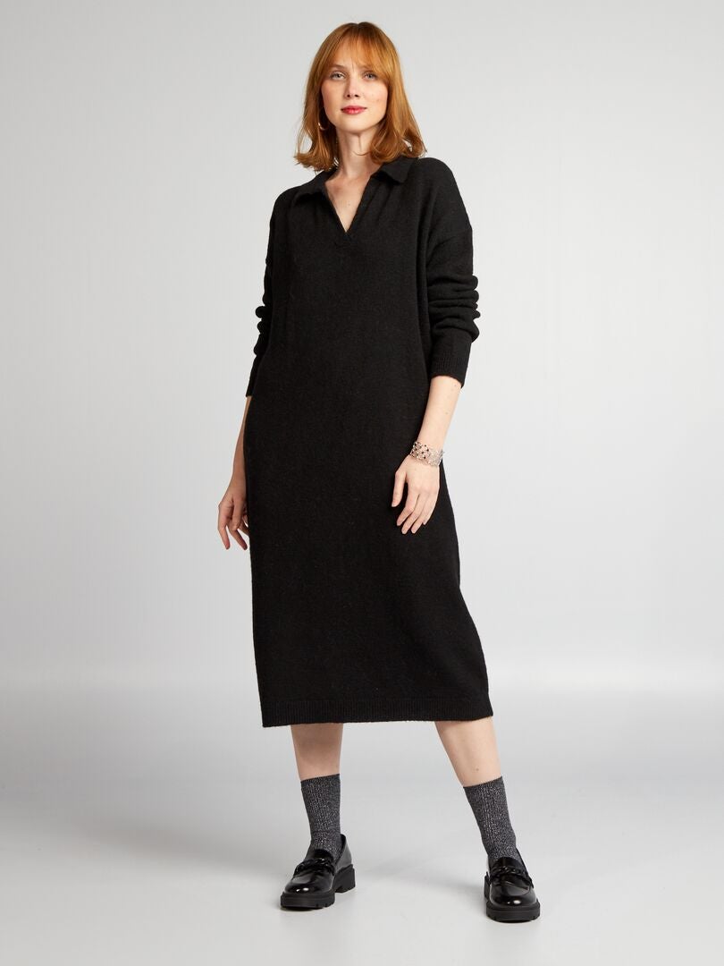 Suéter maxi de tricô com gola - preto