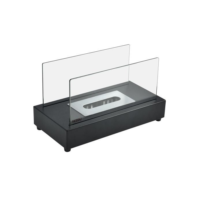 Caminetto a bioetanolo da tavolo Kekai Etna, dimensioni 35,5x18x20,5 cm, con bruciatore in acciaio inox, vetro temperato e spegnifiamma.