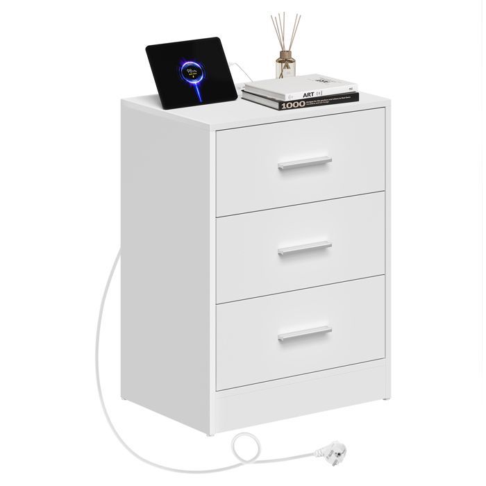 Mesa de cabeceira branca com tomada integrada - Mesa lateral WOLTU - 2 tomadas CA, 1 porta USB, 1 porta Tipo C