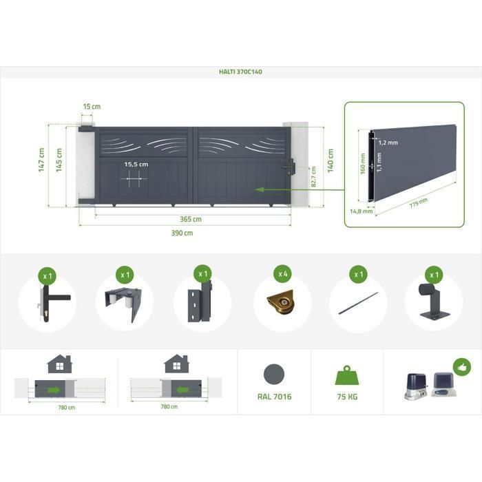 Puerta corredera y kit de motorización - Casanoov - HALTI - 3,7 m de altura (145 cm) - Aluminio - Gris antracita / Motorización RANGER C300