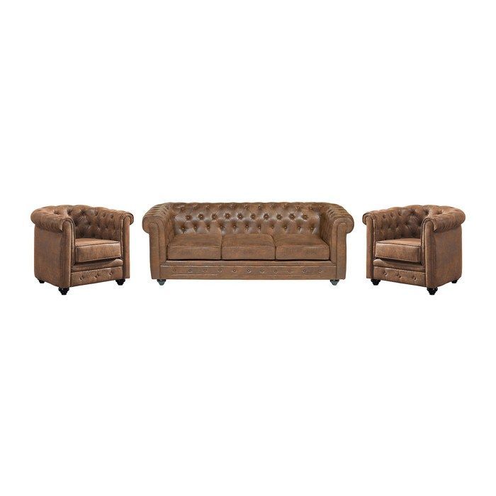 Canapé 3 places et 2 fauteuils CHESTERFIELD en microfibre aspect cuir vieilli