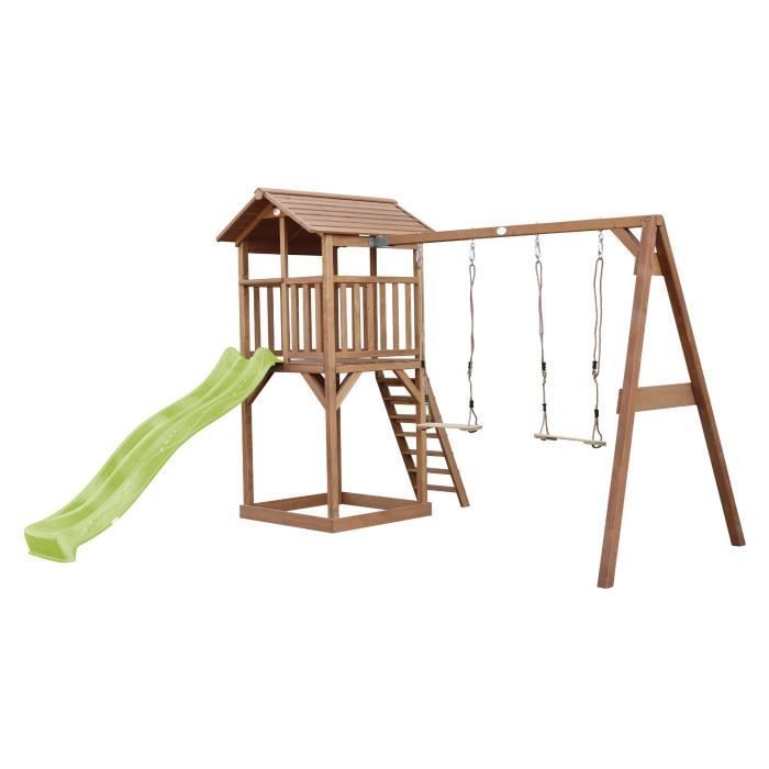 Area giochi AXI Beach Tower con scivolo verde chiaro, 2 altalene e sabbiera | Grande casetta da gioco all'aperto marrone