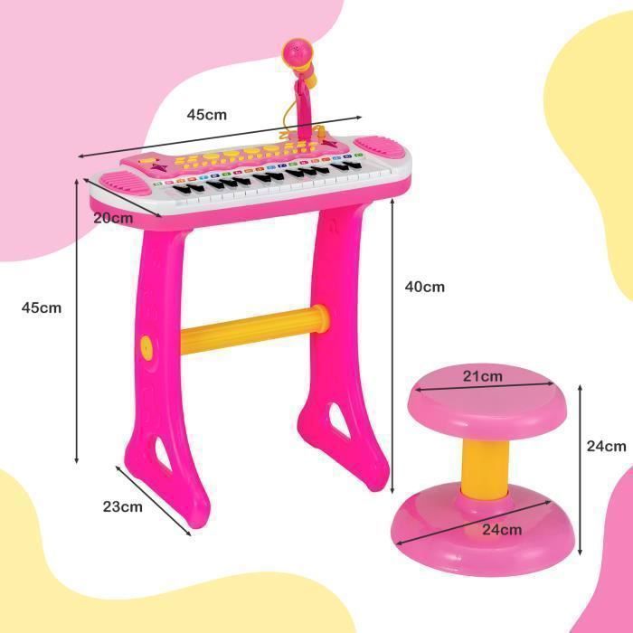 Piano electrónico para niños de 3 años, 31 teclas con taburete, COSTWAY - Micrófono, efectos de luz, 7 ritmos - Apagado automático - Rosa
