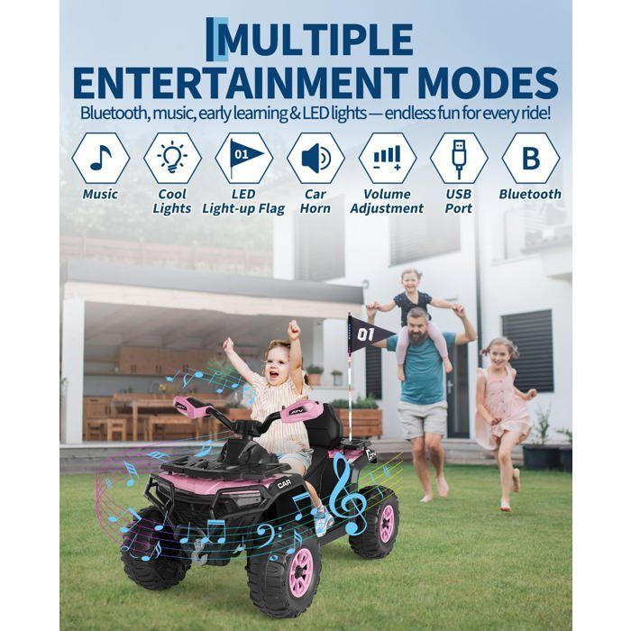 Coche eléctrico infantil 4x4 tipo buggy, 12 V, velocidad máxima de 6 km/h, suspensión, faro LED, Bluetooth, música, color rosa.