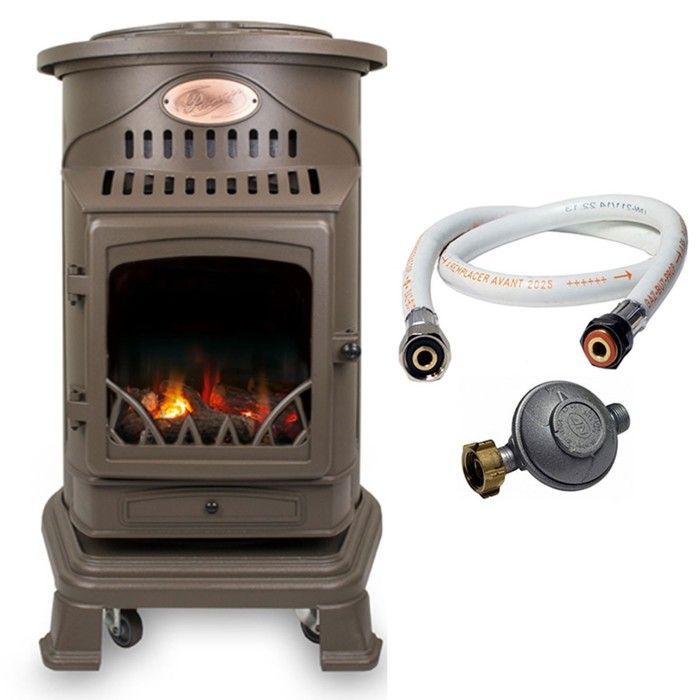 Poele à gaz 3,4KW Fonte véritable Provence Marron miel + Tuyau gaz + Detendeur gaz butane UNIVERSAL