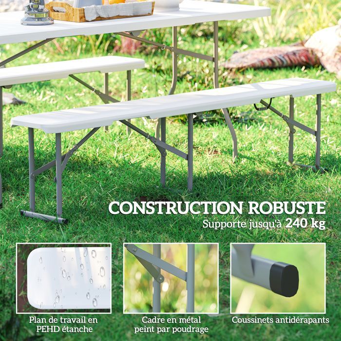 Lot de 2 Bancs de jardin - Outsunny - pliants - avec poignée de Transport - en Métal et HDPE - 182 x 28 x 42 cm - Blanc