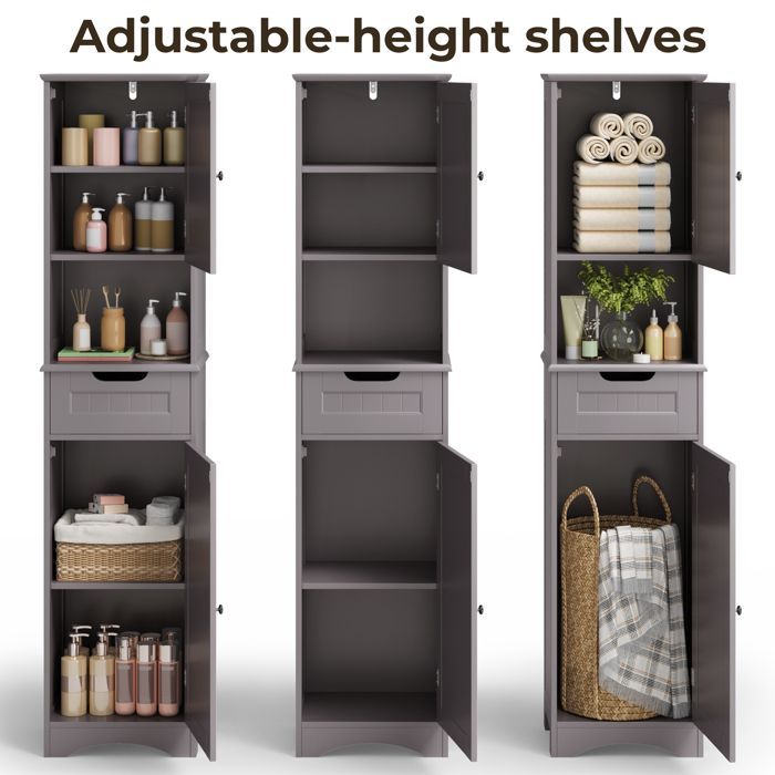 Colonna da bagno - Mobile contenitore autoportante Bealife - 1 cassetto - 5 ripiani regolabili - 2 ante - 40 x 30 x 170 cm - Grigio