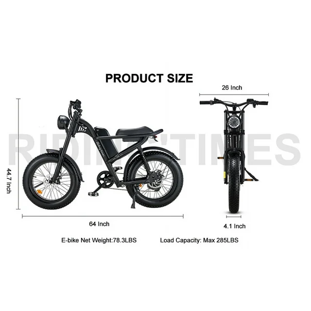 Ridingtimes Z8 Snow E-bike voor volwassenen, 20 inch dikke banden, 1500W motor, 45 km/u, 6-laags volledige vering
