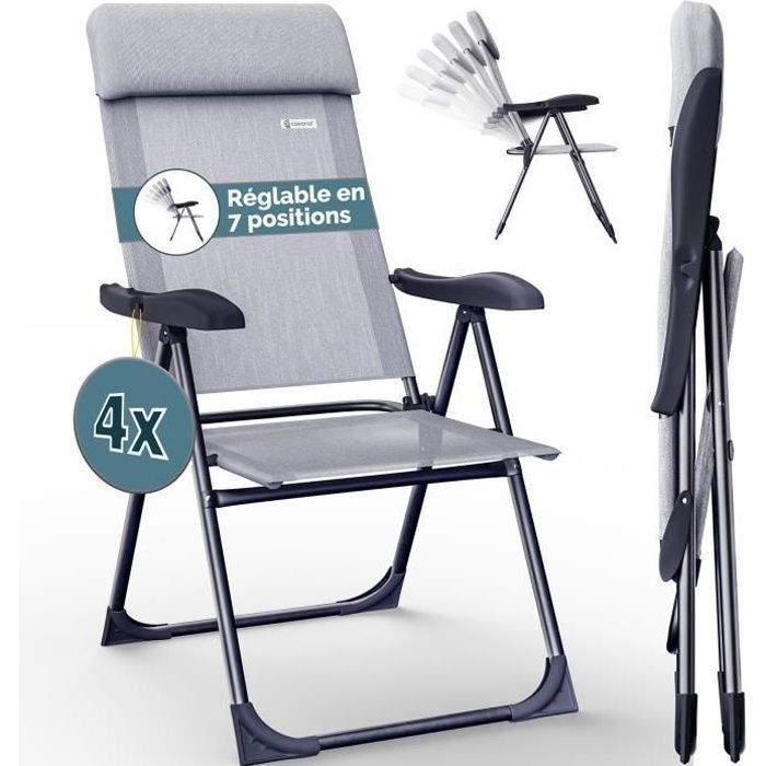 4x Folding Garden Chairs, Heather Grey, Aluminum with Armrests and 7-Position Adjustable Backrest, for Beach, Pool, Camping, and Travel