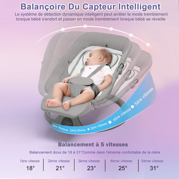 3-in-1 Electric Baby Swing/Bouncer with Remote Control, Foot Pedal, Feeding Table, 5 Swing Modes, Bluetooth Music - Grey