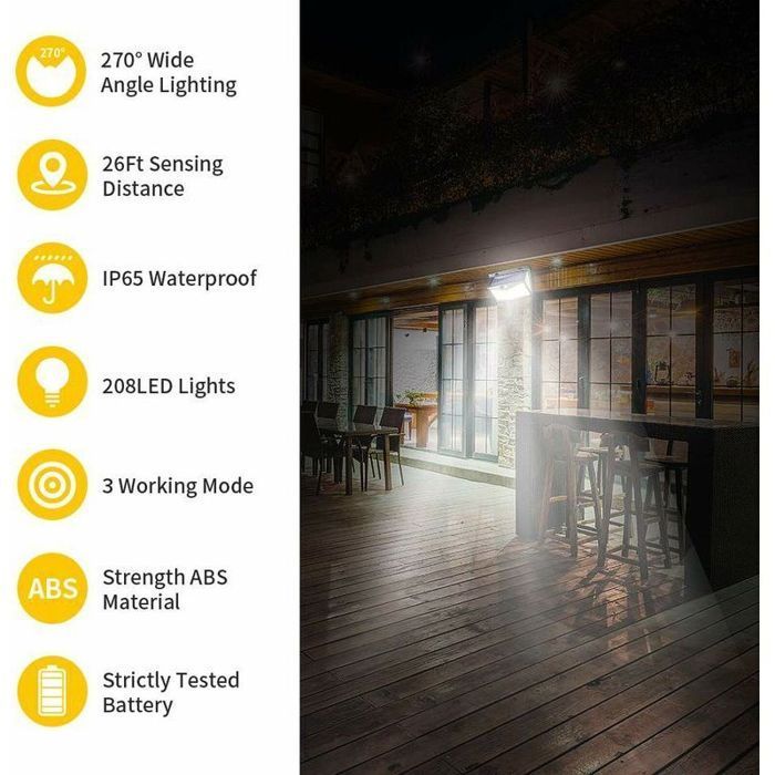 Lámpara solar para exteriores, foco LED para exteriores con sensor de movimiento, 208 LED, IP65, foco LED solar para exteriores, iluminación exterior