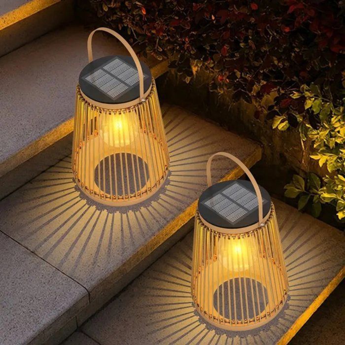 Juego de 2 faroles solares para iluminación exterior - 14,2 x 18,5 cm - Faroles solares redondos de ratán - Ideales para