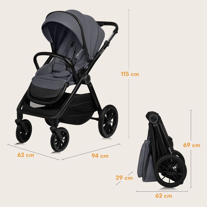 Poussette combinée 2en1 LIONELO Layla - Naissance jusqu'à 22kg - Pack poussette Duo, Nacelle, sac et accessoires - Gris