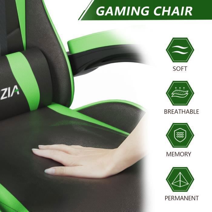 Silla gaming BIGZZIA, silla gaming ergonómica, giratoria y cómoda, reclinable de 90 a 135°, altura ajustable de 114 a 124 cm, color negro y verde.