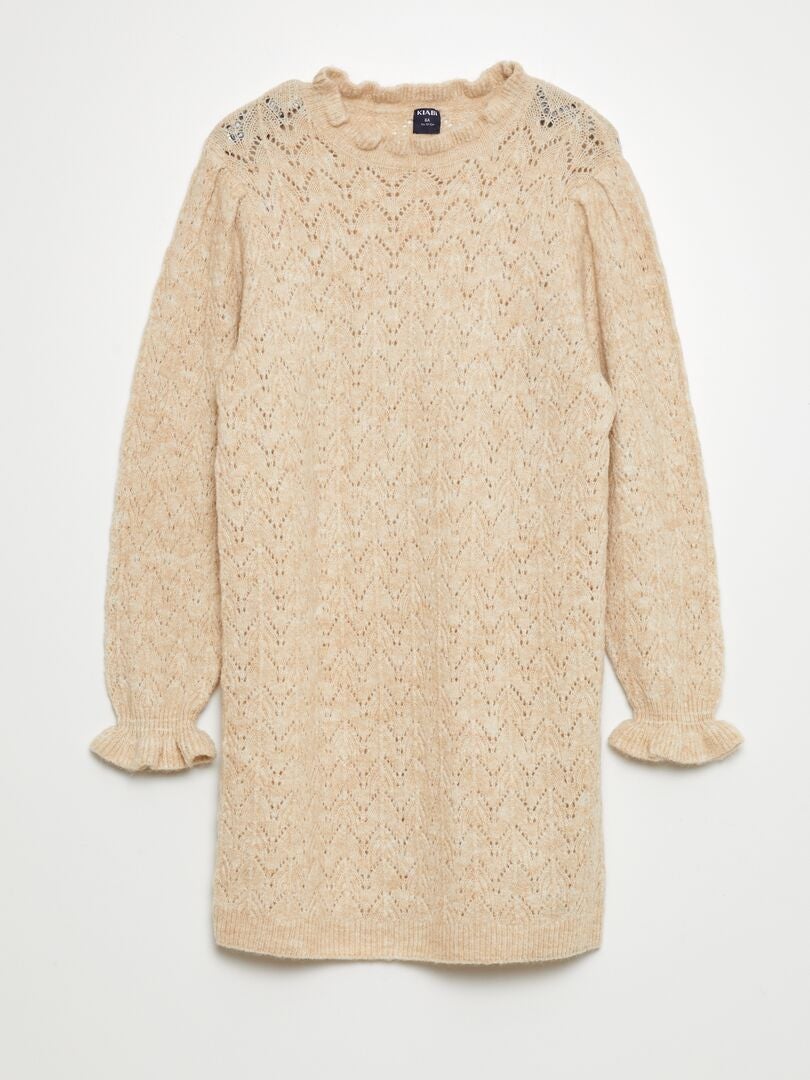 Maxi trui van opengewerkt breisel - BEIGE