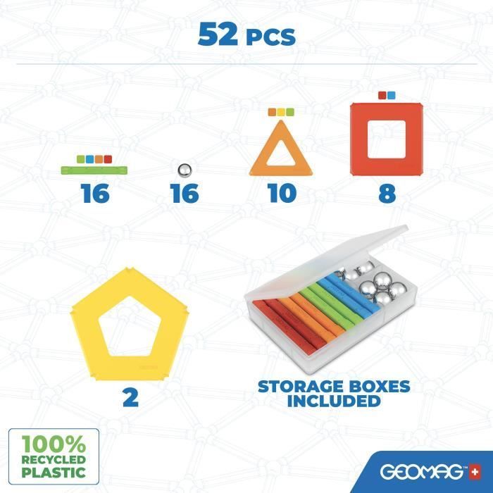 Magnetic Construction Set - GEOMAG - Supercolor Recycled Panels 52 Pieces - Educational Toy - 3D - Durable
