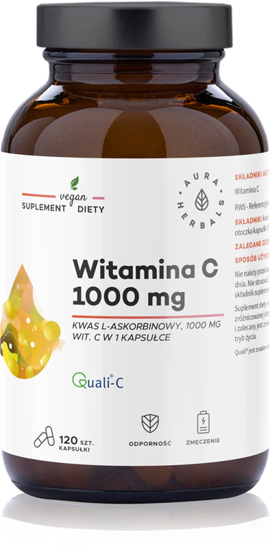 Cápsulas de suplemento alimentar de vitamina C 1000 mg da Aura Herbals para fortalecer o sistema imunológico.