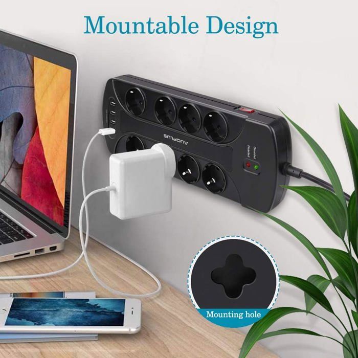 Regleta protectora contra sobretensiones con 8 tomas de corriente y 4 puertos USB, regleta con toma de tierra e interruptor, 3680 W/16 A