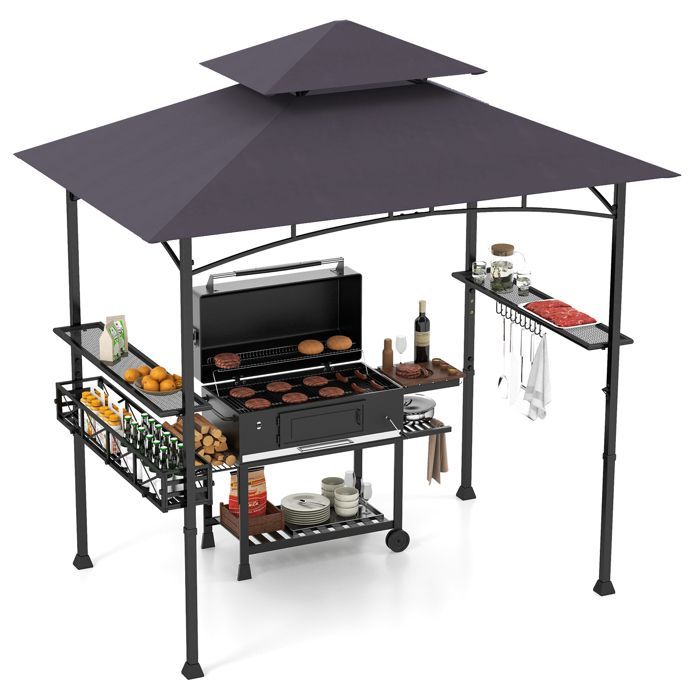 COSTWAY 242x153cm Barbecue Gazebo - 2-Tier Roof - 2 Side Shelves - Storage Basket - Hanging Hooks - Bottle Opener - Grey