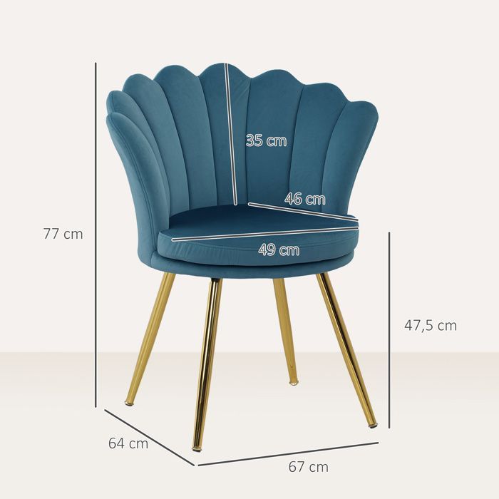 Sillón HOMCOM con forma de concha, silla de tocador en terciopelo con patas de metal dorado para sala de estar, dormitorio y comedor, azul
