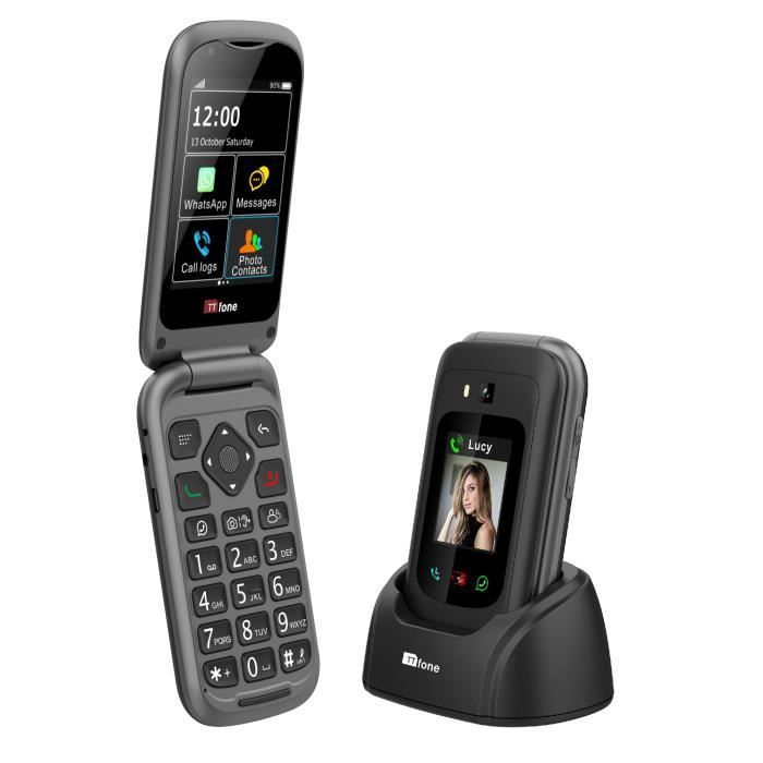 TTFONE TT970 Flip 4G Senior - Grandes Touches, Écran Tactile, WhatsApp, Bouton SOS, Caméra 8MP (Noir)