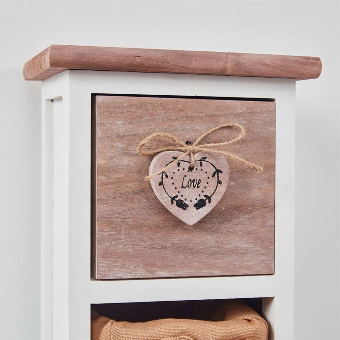 Cómoda FLOWER, de 70 cm de altura, en madera maciza blanca y marrón, con 1 cajón y 3 cestas, pequeño mueble de almacenamiento alto.