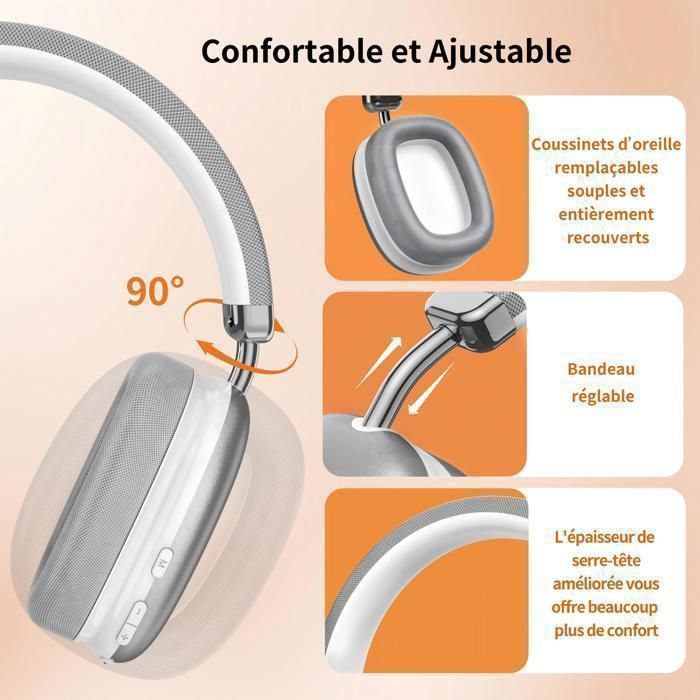 VEATOOL Wireless Bluetooth 5.3 Headphones with Tri-Frequency Equalization, Stereo Sound, Built-in Microphone, and 40-Hour Battery Life - Silver