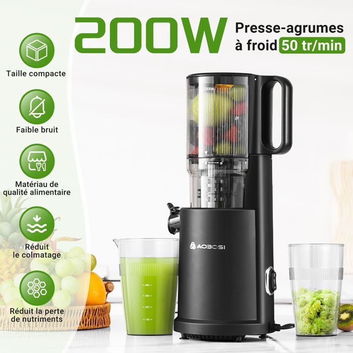 AOBOSI 126mm Juicer, Fruit Juice Machine, Whole Fruit Extractor, Cold Press, Easy to Install, 200W, Black