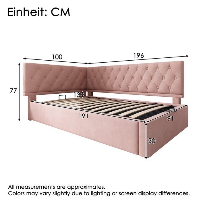 Lit Enfant Lit banquette 90x190 convertible hydraulique rose - Rangement, sommier lattes bois, velours - Enfant, ado, sans matelas